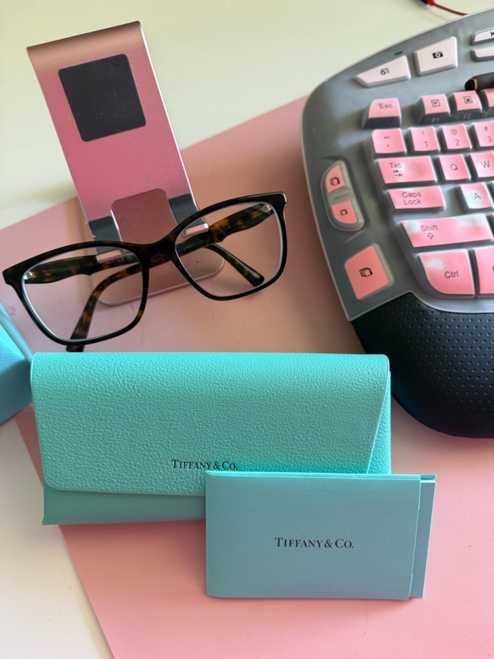 Tiffany & Co. Eyeglass Case in Signature Blue Green and black.